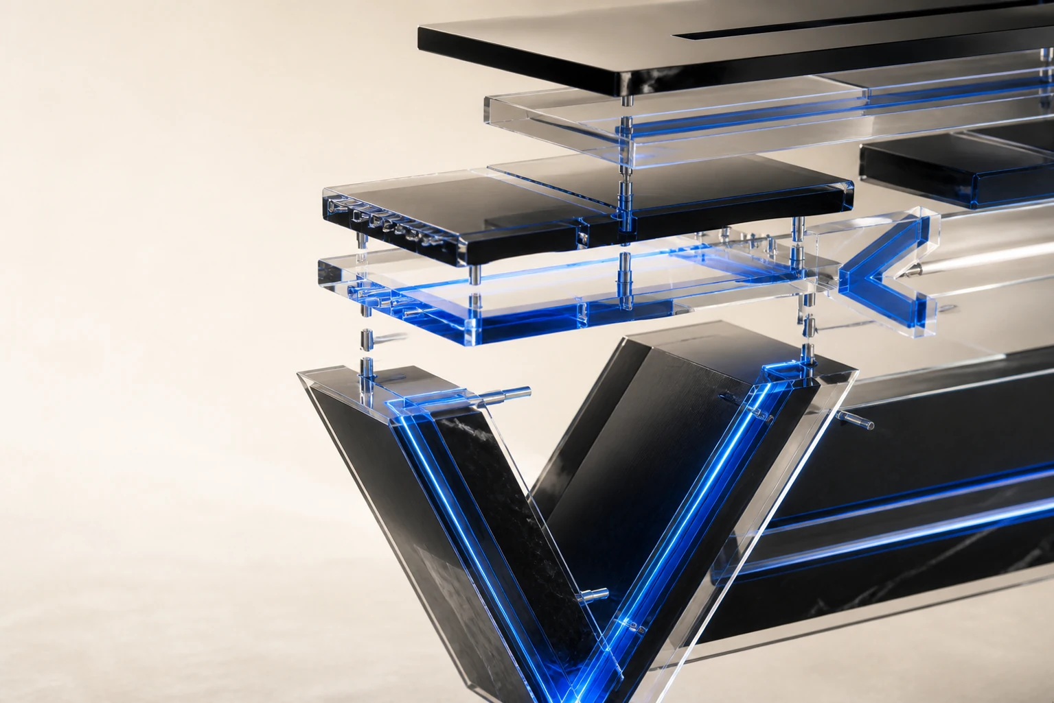 An exploded black glass software system with electric blue connections