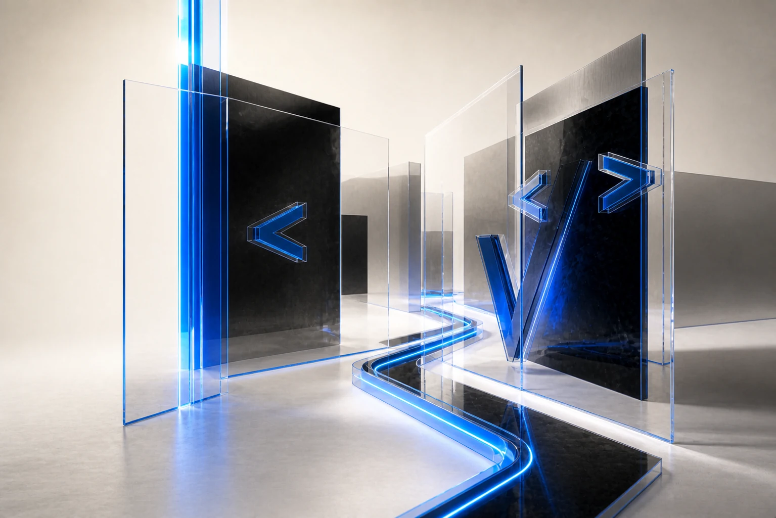 Architectural glass interface planes connected by a blue light path