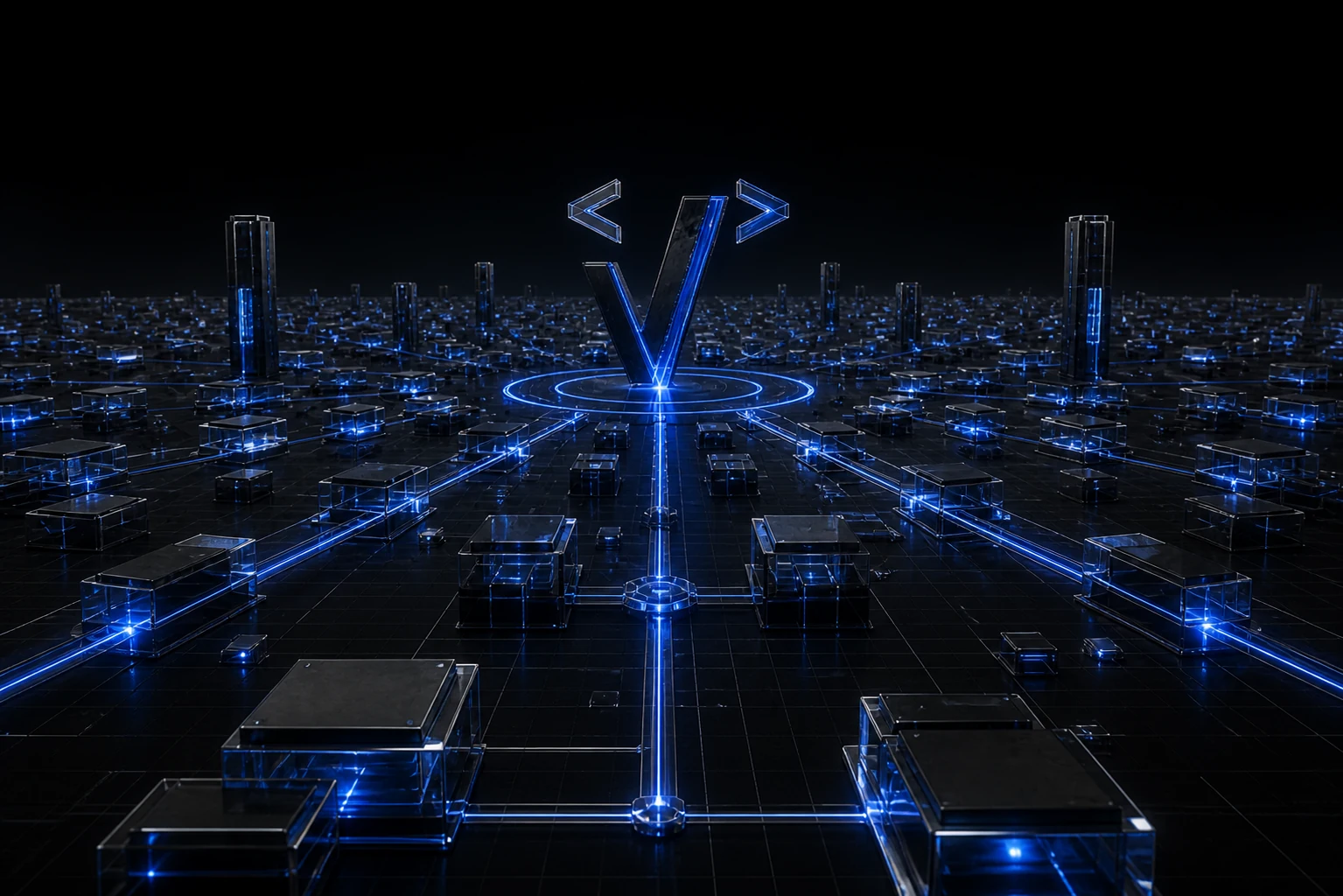 A dark operational network connected to a luminous V command structure